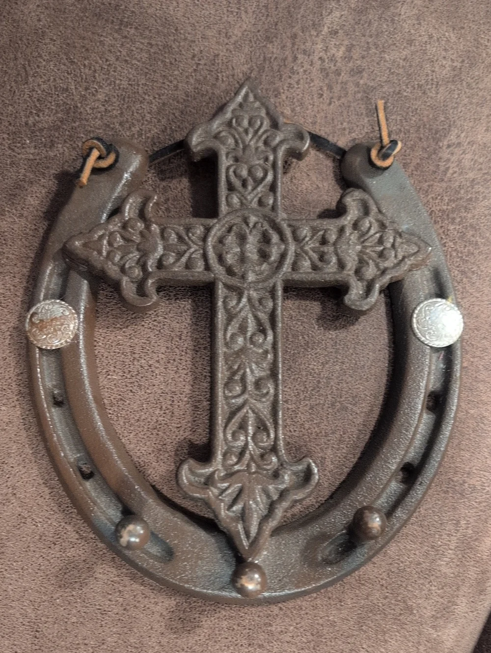 Decorative Brown Cast Iron Cross and Horseshoe Wall Accent